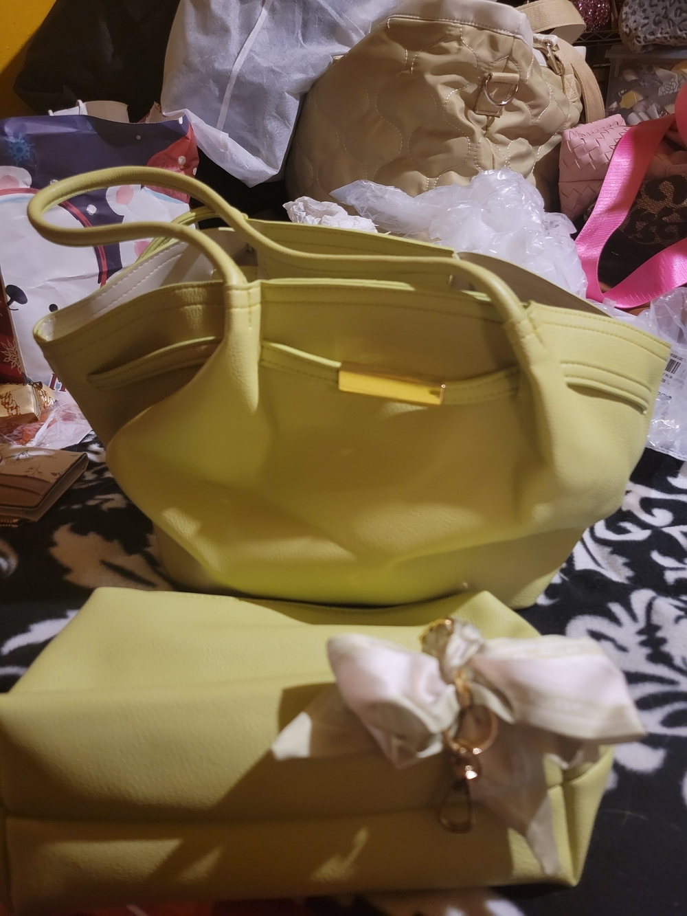 Stylish Lime Green Tote and Clutch Set - Women Bags